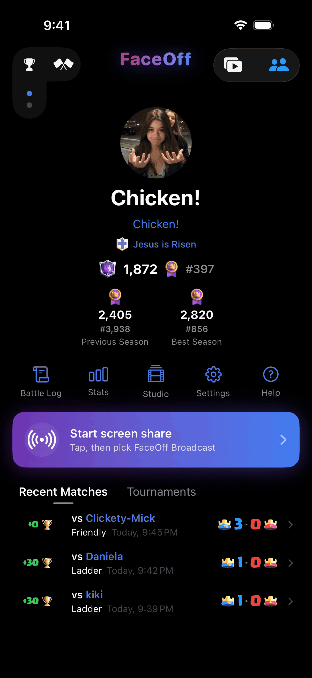 FaceOff home screen: player profile with trophies, a pulsing Start screen share button, and recent Clash Royale matches